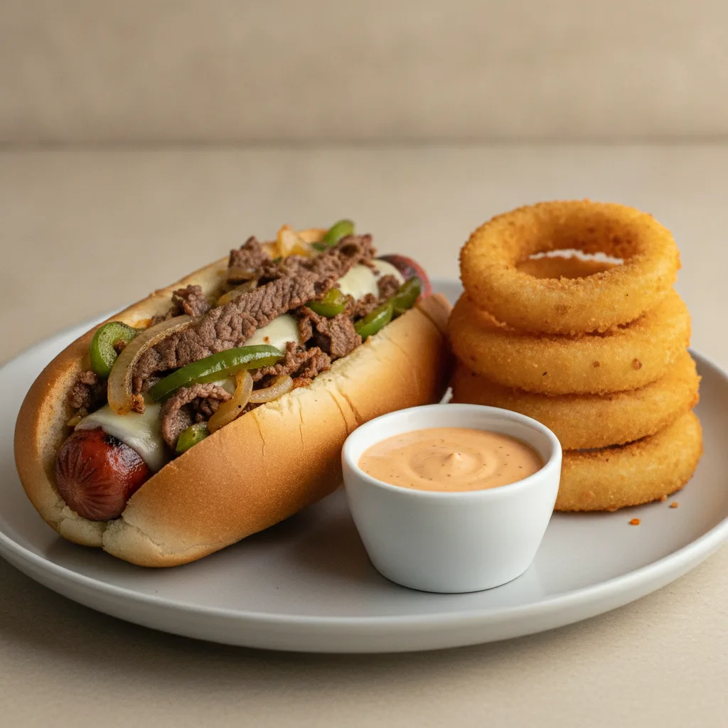 Crafty Cheesesteak Dog + Onion Rings