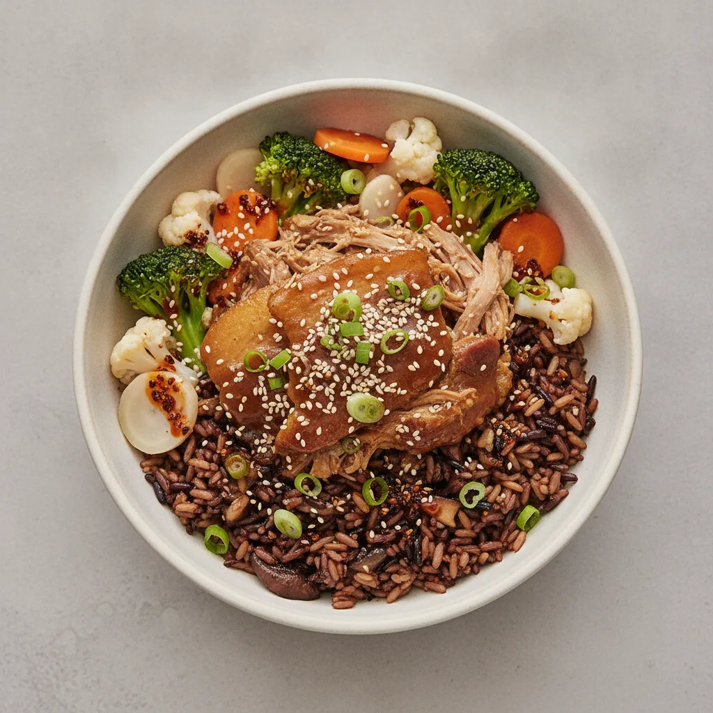 Pork Shoulder Rice Bowl with Garlic Sesame Soy Sauce