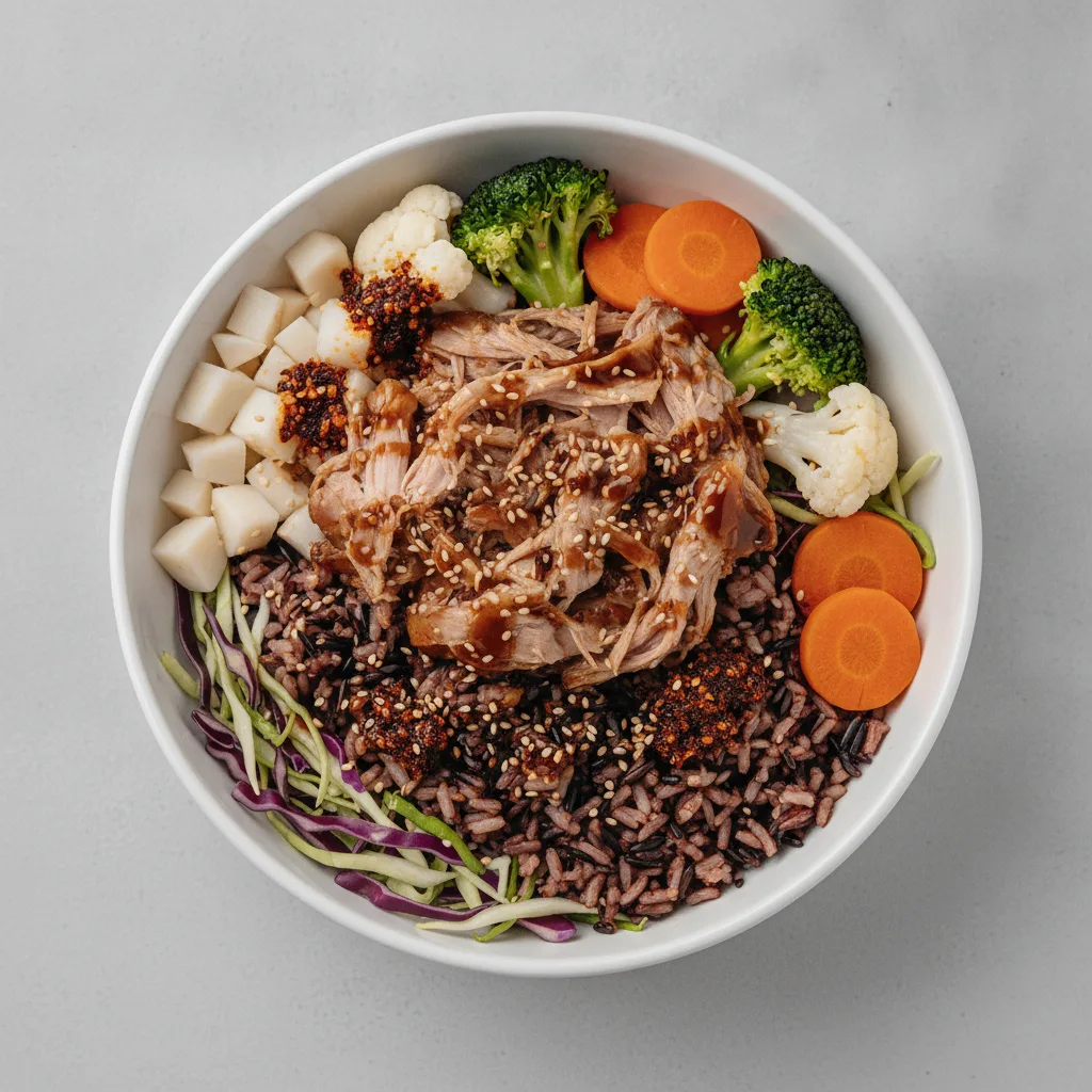 Pork Shoulder Rice and Cabbage Bowl with Garlic Sesame Soy Sauce