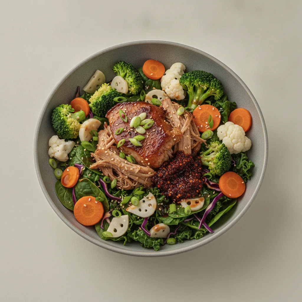 Light Carb Pork Shoulder Greens Bowl with Garlic Sesame Soy Sauce
