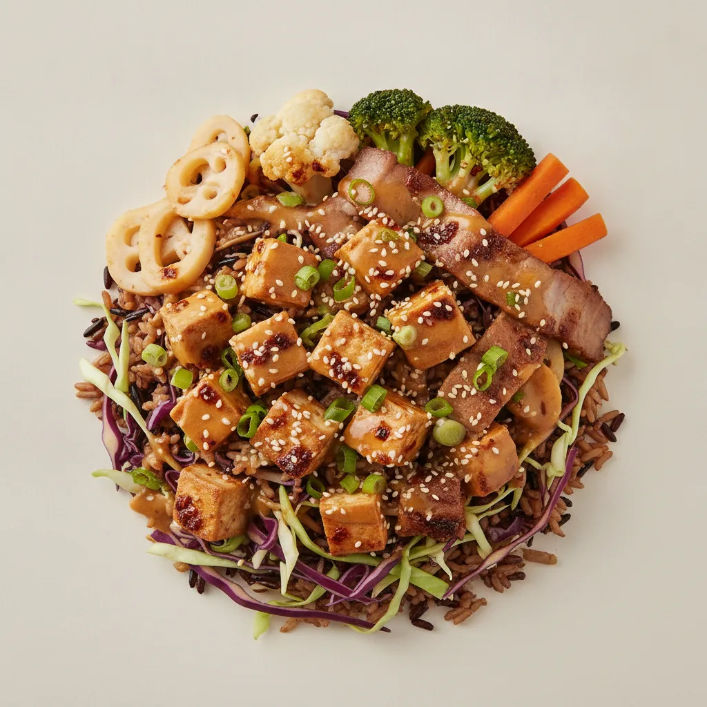 Protein Lover Rice and Cabbage Bowl with Garlic Sesame Soy Sauce