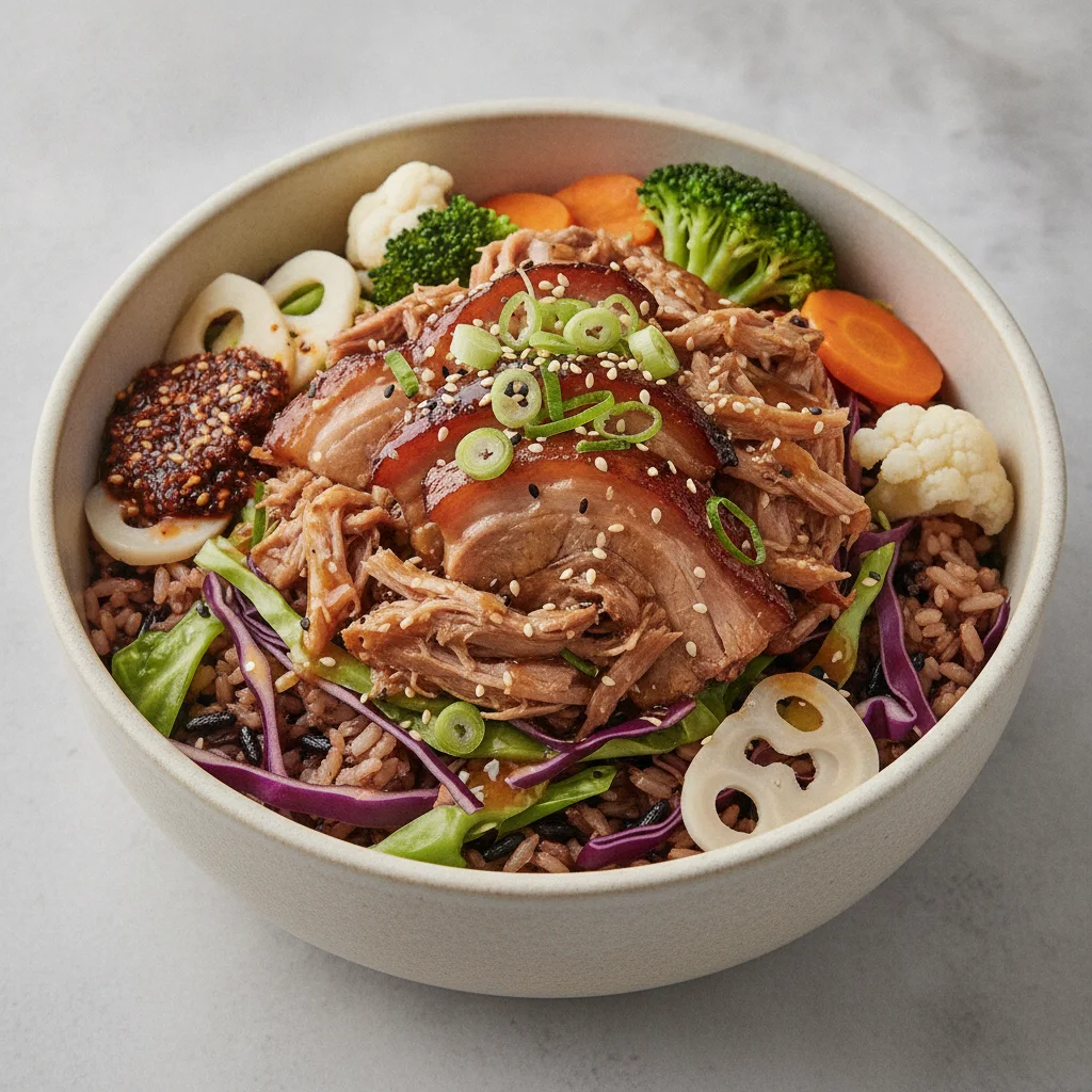 Pork Shoulder Rice and Cabbage Bowl with Lemon Garlic Soy Sauce