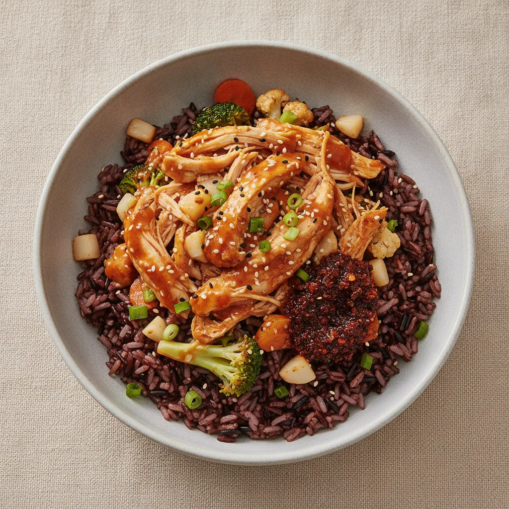 Chicken Rice Bowl with Spicy Orange Sesame Sauce