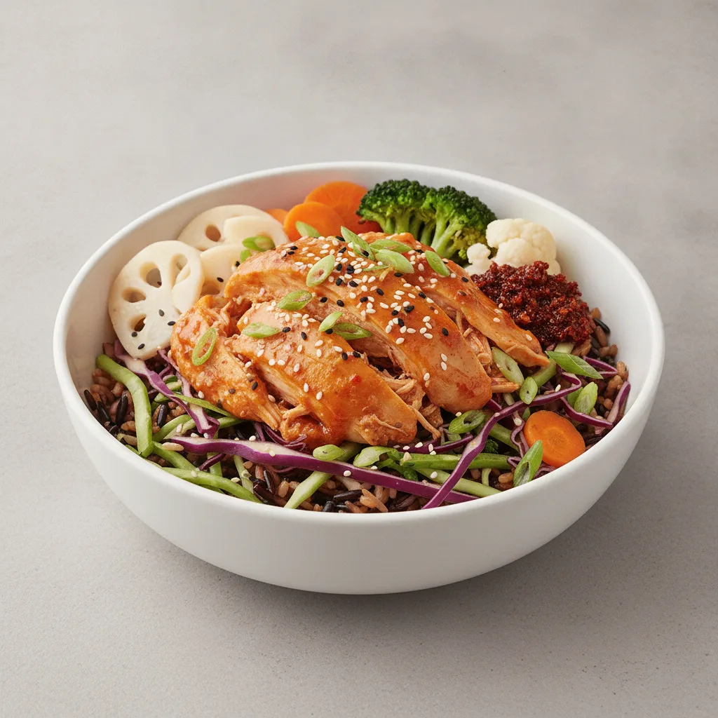 Chicken Rice and Cabbage Bowl with Spicy Orange Sesame Sauce