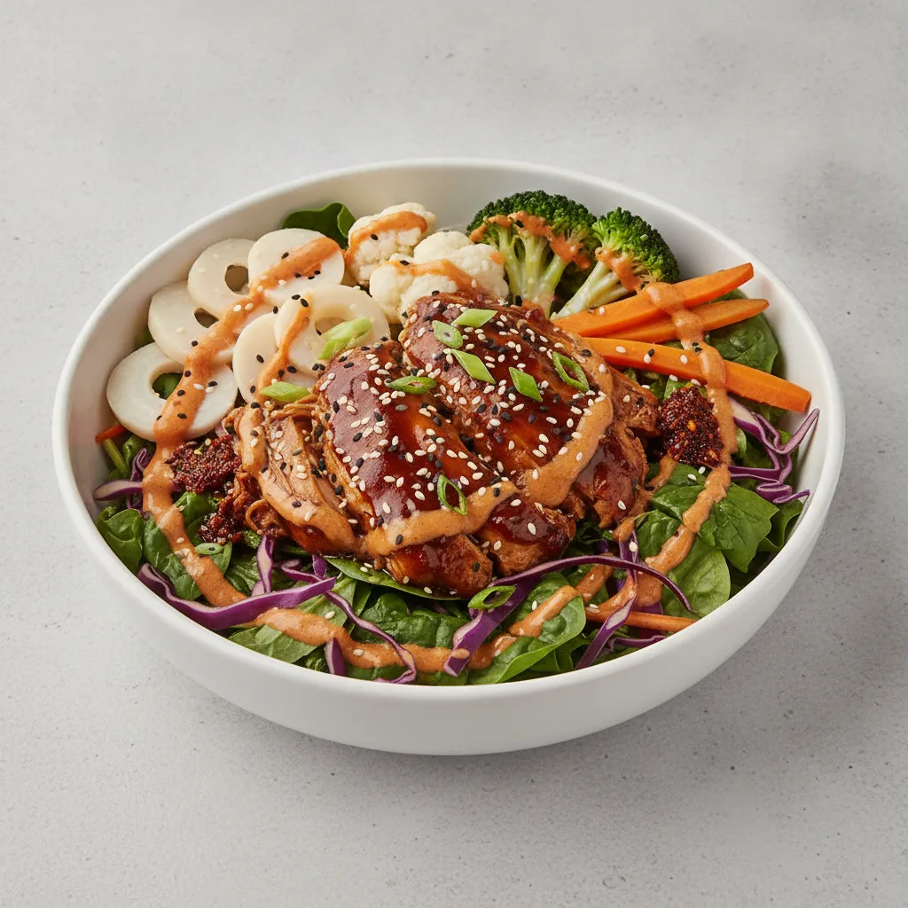 Light Carb Chicken Greens Bowl with Spicy Orange Sesame Sauce
