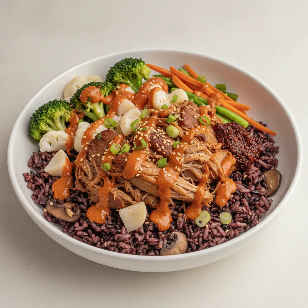 Pork Shoulder Rice Bowl with Spicy Orange Sesame Sauce