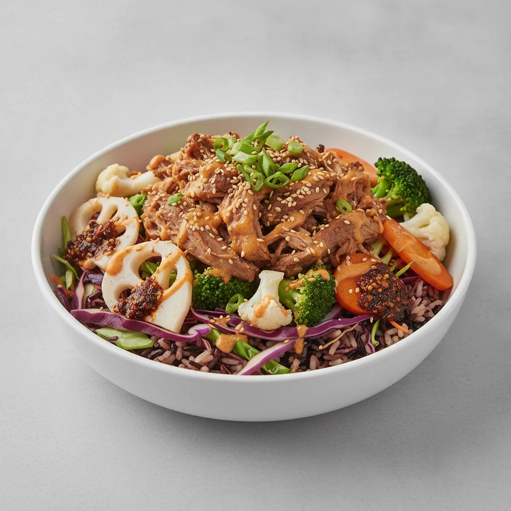 Pork Shoulder Rice and Cabbage Bowl with Spicy Orange Sesame Sauce
