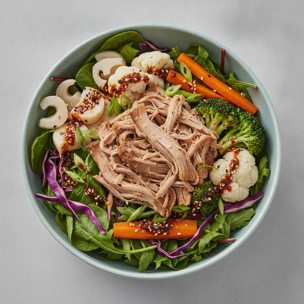 Light Carb Pork Shoulder Greens Bowl with Spicy Orange Sesame Sauce