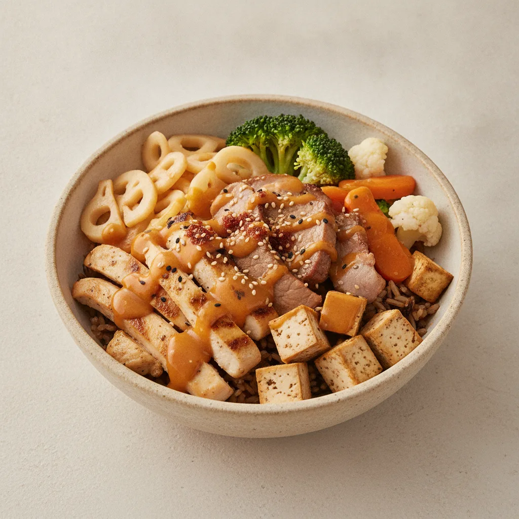 Protein Lover Rice Bowl with Spicy Orange Sesame Sauce