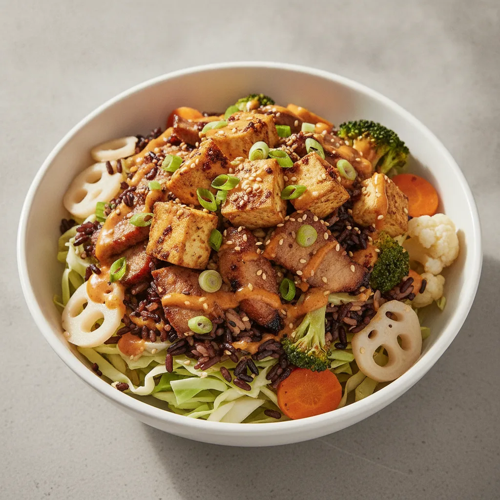 Protein Lover Rice and Cabbage Bowl with Spicy Orange Sesame Sauce