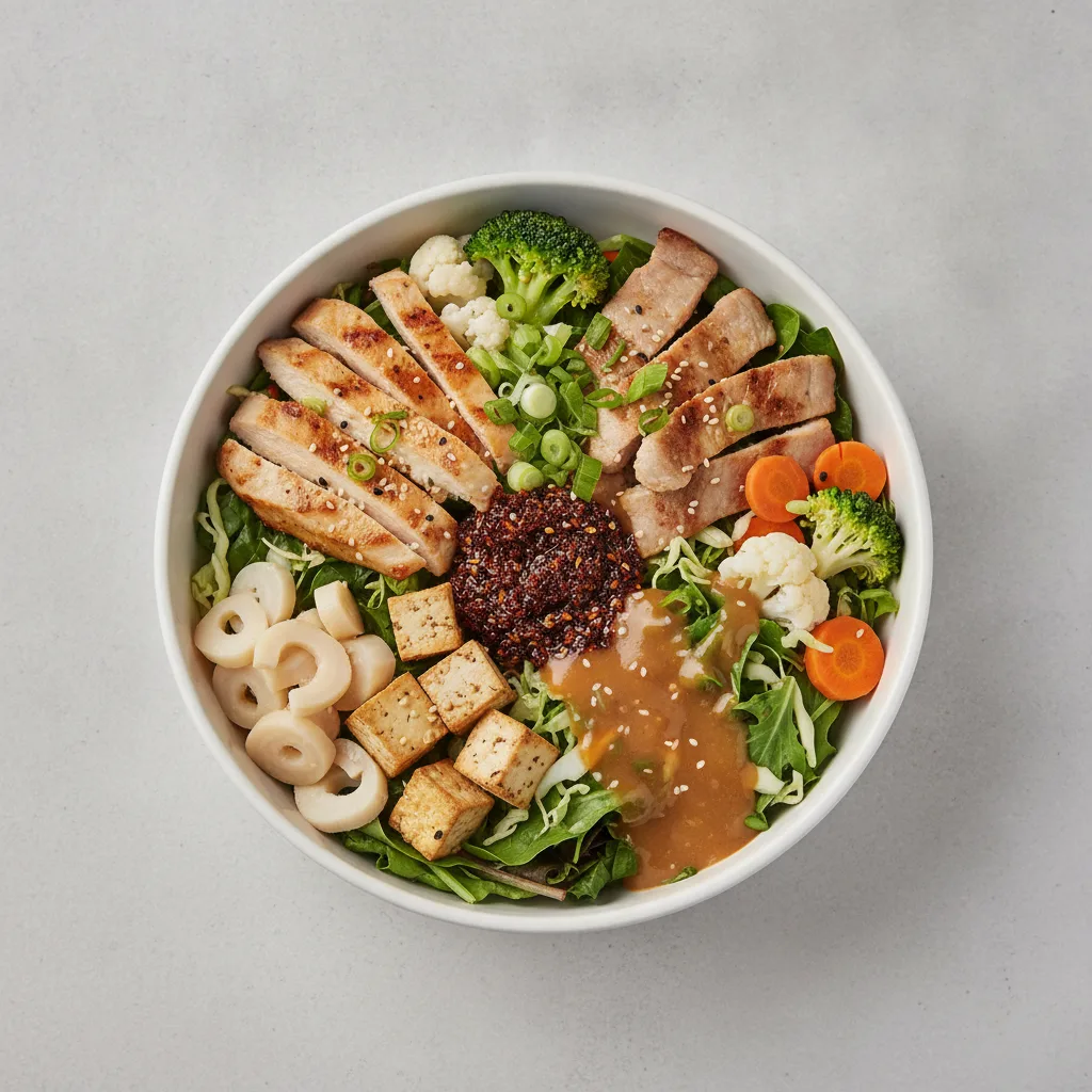 Light Carb Protein Lover Greens Bowl with Spicy Orange Sesame Sauce