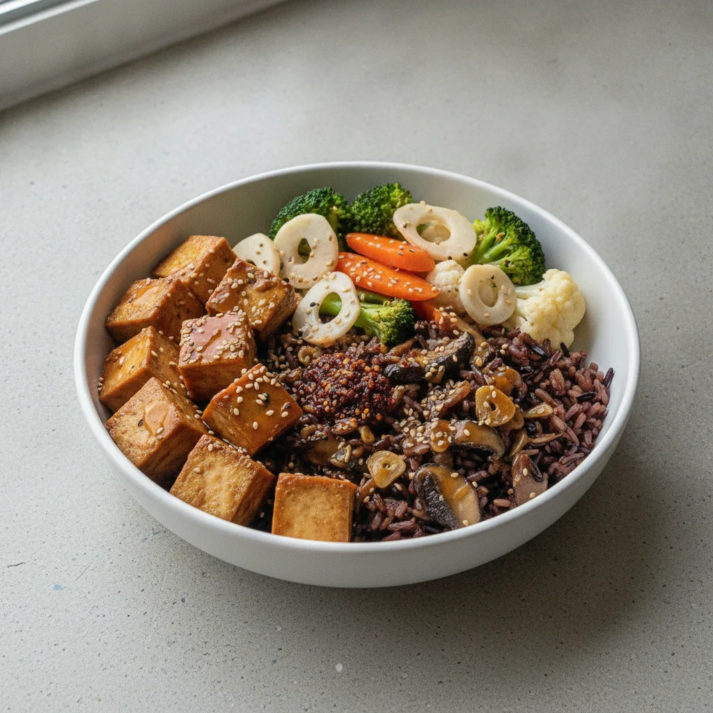 Tofu Rice Bowl with Garlic Sesame Soy Sauce