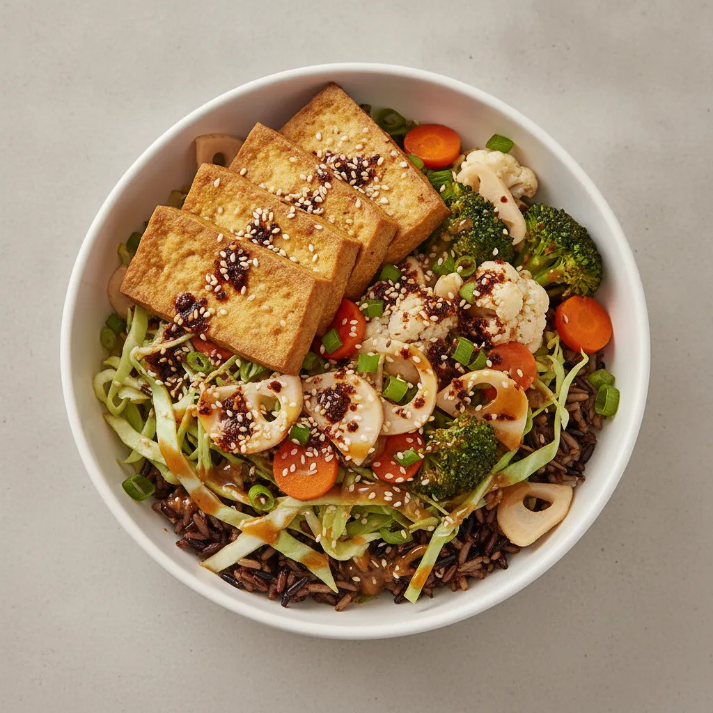 Tofu Rice and Cabbage Bowl with Garlic Sesame Soy Sauce