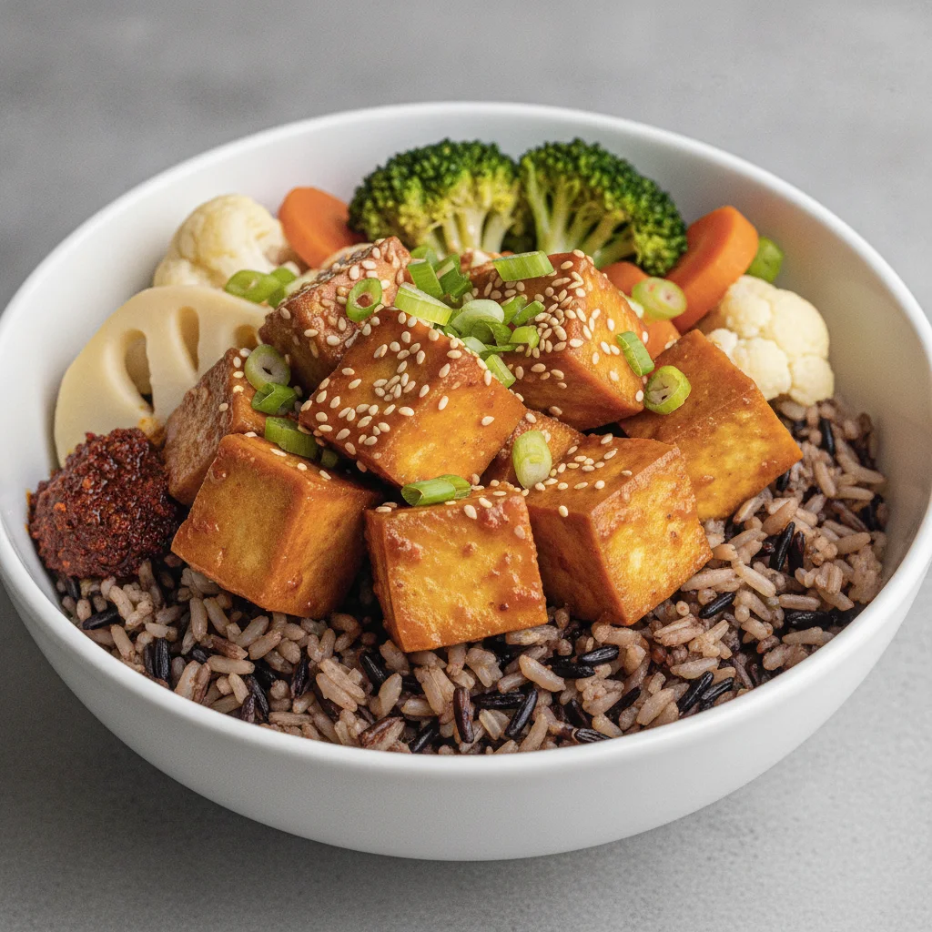 Tofu Rice Bowl with Spicy Orange Sesame Sauce