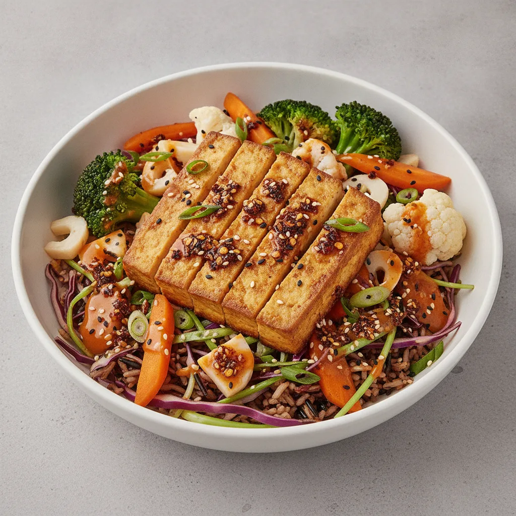 Tofu Rice and Cabbage Bowl with Spicy Orange Sesame Sauce