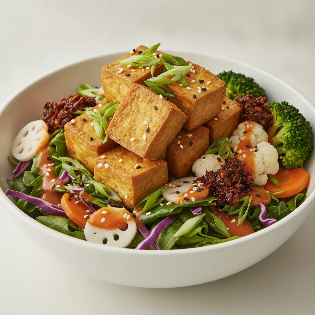 Light Carb Tofu Greens Bowl with Spicy Orange Sesame Sauce