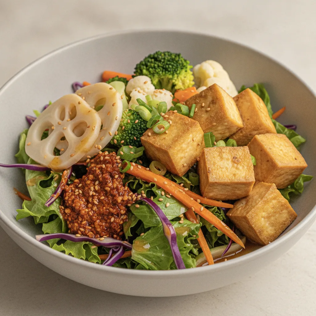 Light Carb Tofu Greens Bowl with Lemon Garlic Soy Sauce