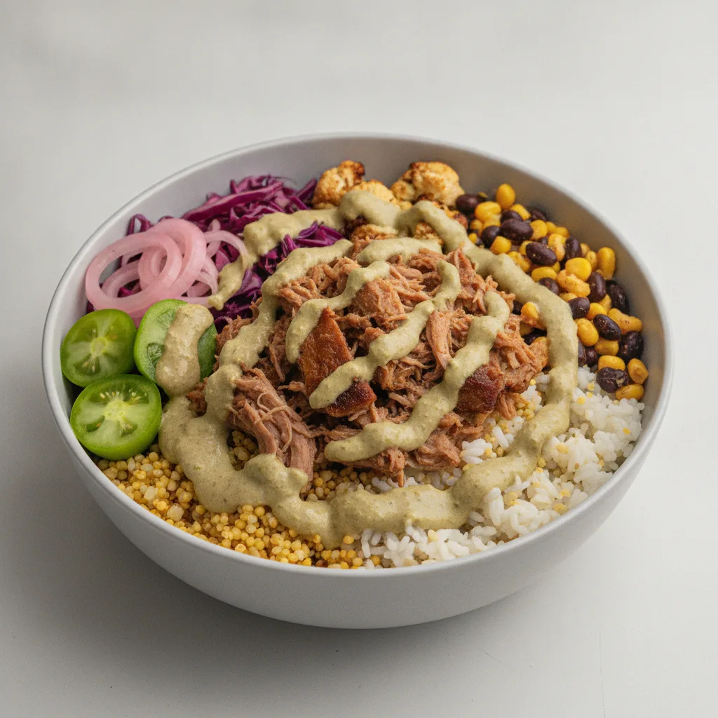 Carnitas Mixto Bowl with Palmito Mole Carnitas Mixto Bowl with Palmito Mole