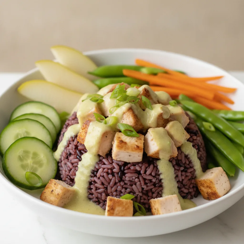 Nut-Free Chicken Purple Rice Bowl with Ginger Lime Sauce (No Cashews) Nut-Free Chicken Purple Rice Bowl with Ginger Lime Sauce (No Cashews)