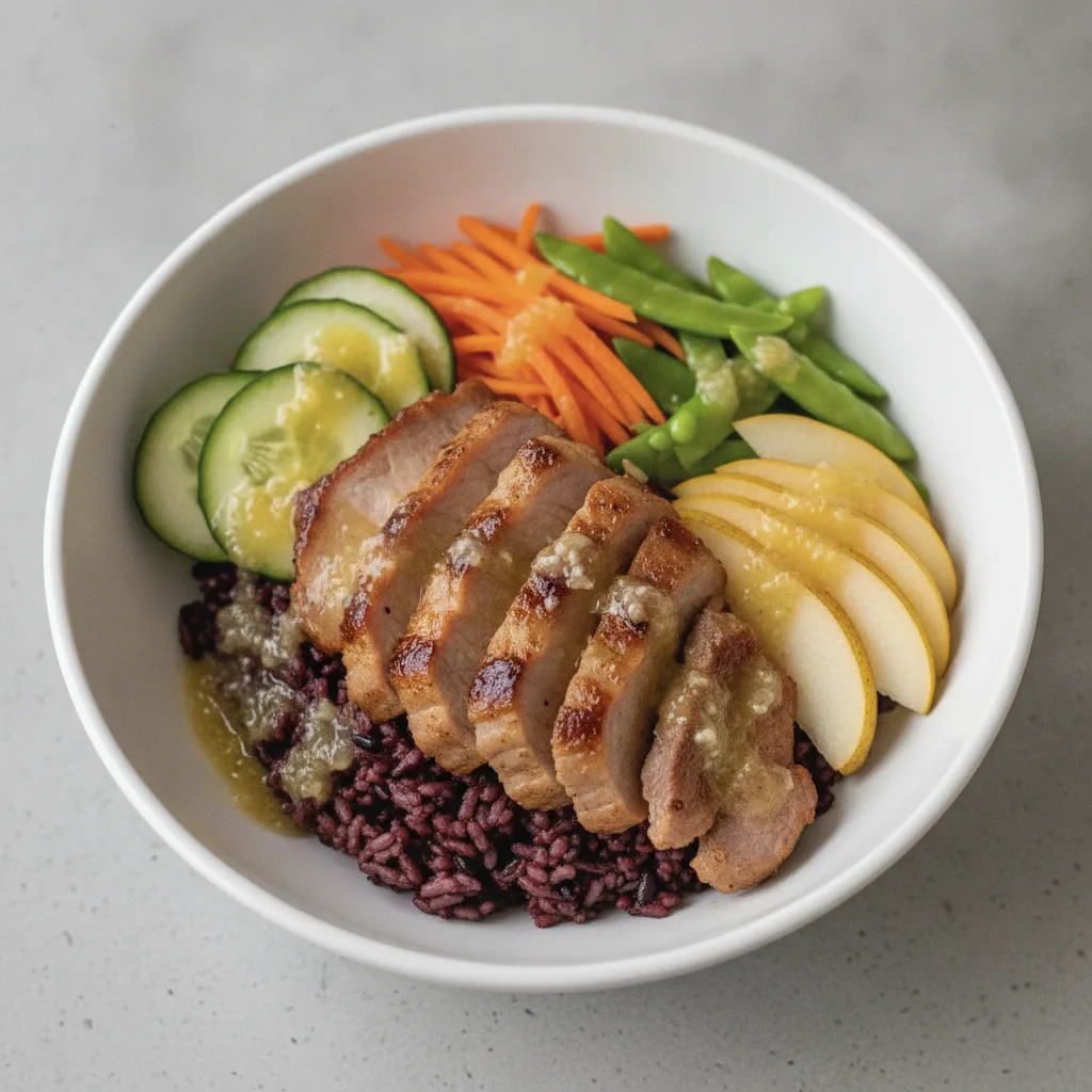 Nut-Free Pork Shoulder Purple Rice Bowl with Ginger Lime Sauce (No Cashews) Nut-Free Pork Shoulder Purple Rice Bowl with Ginger Lime Sauce (No Cashews)