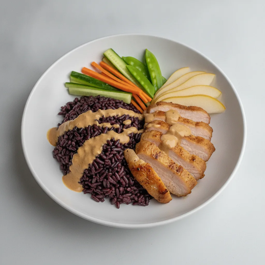 Nut-Free Pork Shoulder Purple Rice Bowl with "Peanut Sauce" (No Cashews) Nut-Free Pork Shoulder Purple Rice Bowl with "Peanut Sauce" (No Cashews)