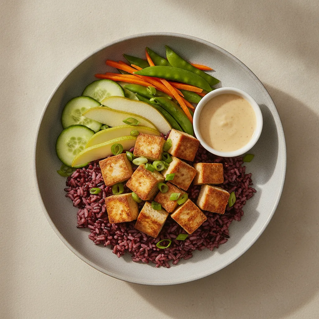 Nut-Free Tofu Purple Rice Bowl with Ginger Lime Sauce (No Cashews) Nut-Free Tofu Purple Rice Bowl with Ginger Lime Sauce (No Cashews)