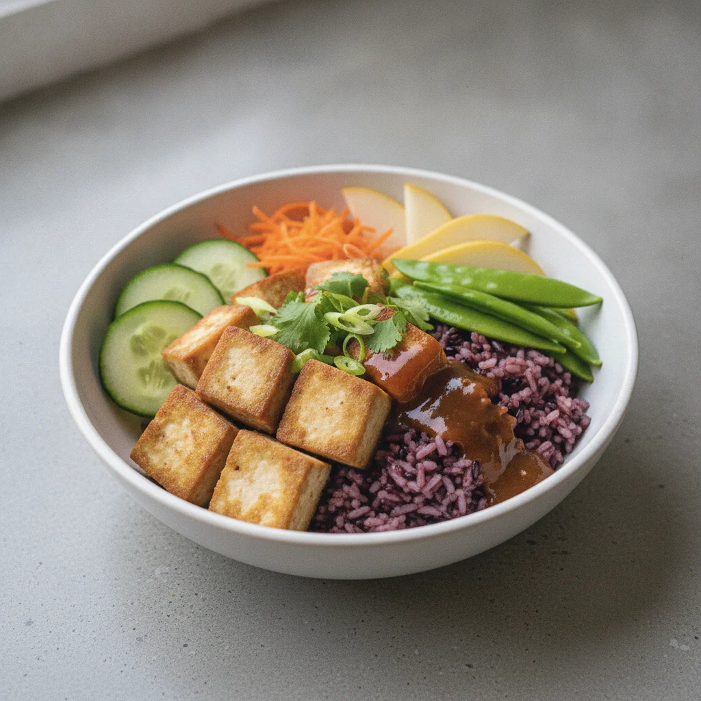 Nut-Free Tofu Purple Rice Bowl with Tamarind Sauce (No Cashews) Nut-Free Tofu Purple Rice Bowl with Tamarind Sauce (No Cashews)