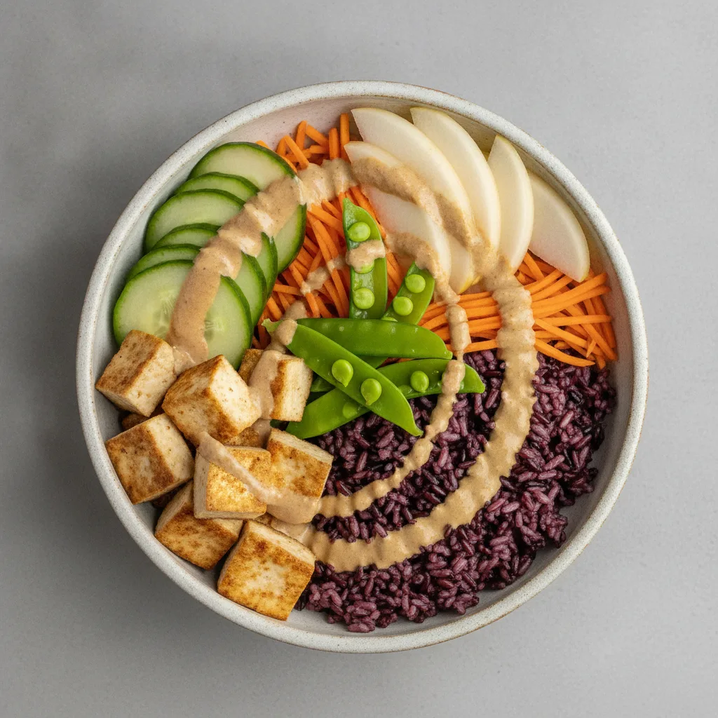Nut-Free Tofu Purple Rice Bowl with "Peanut" Sauce (No Cashews) Nut-Free Tofu Purple Rice Bowl with "Peanut" Sauce (No Cashews)