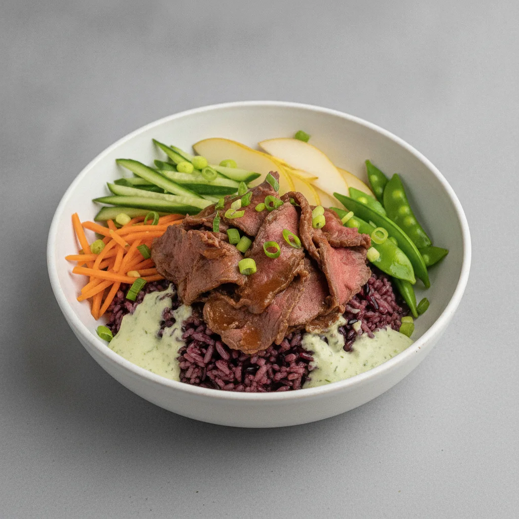Nut-Free Wagyu Beef Purple Rice Bowl with Ginger Lime Sauce (No Cashews) Nut-Free Wagyu Beef Purple Rice Bowl with Ginger Lime Sauce (No Cashews)