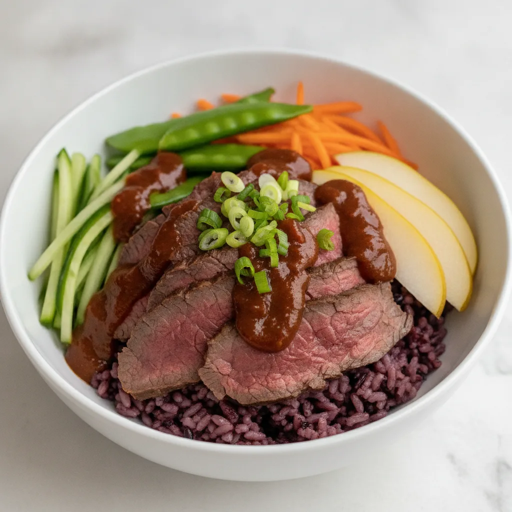Nut-Free Wagyu Beef Purple Rice Bowl with Tamarind Sauce (No Cashews) Nut-Free Wagyu Beef Purple Rice Bowl with Tamarind Sauce (No Cashews)