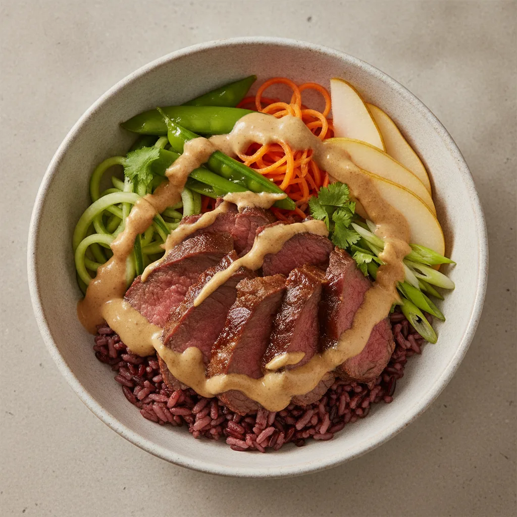 Nut-Free Wagyu Beef Purple Rice Bowl with "Peanut" Sauce (No Cashews) Nut-Free Wagyu Beef Purple Rice Bowl with "Peanut" Sauce (No Cashews)