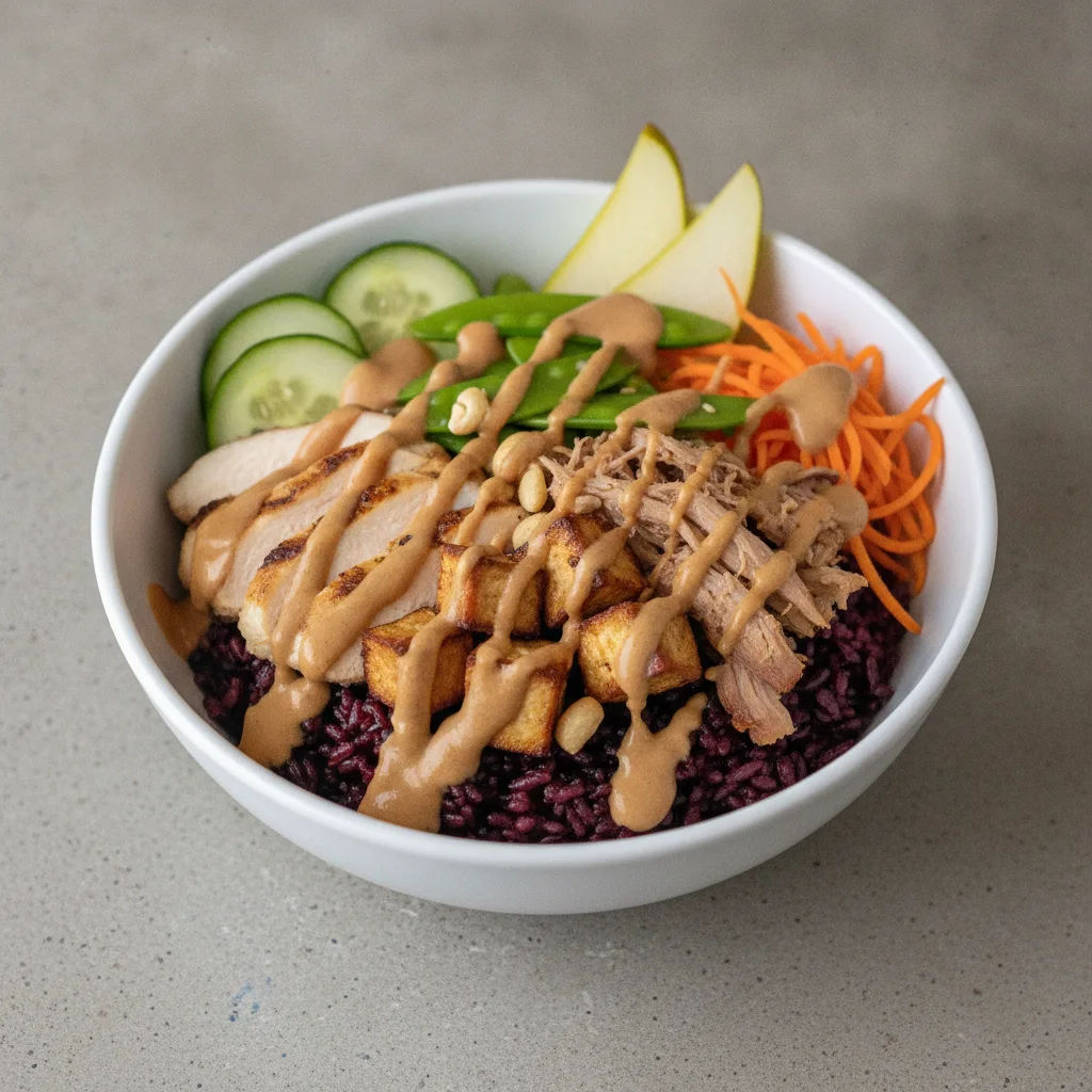 Protein Combo Purple Rice Bowl with "Peanut" Sauce Protein Combo Purple Rice Bowl with "Peanut" Sauce