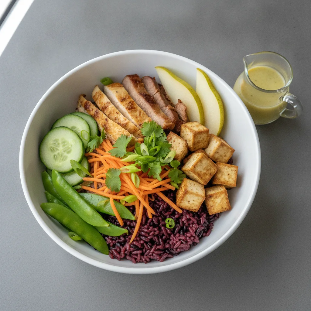 Nut-Free Protein Combo Purple Rice Bowl with Ginger Lime Sauce (No Cashews) Nut-Free Protein Combo Purple Rice Bowl with Ginger Lime Sauce (No Cashews)