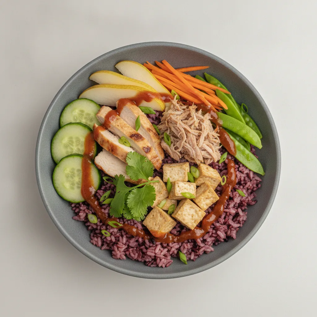 Nut-Free Protein Combo Purple Rice Bowl with Tamarind Sauce (No Cashews) Nut-Free Protein Combo Purple Rice Bowl with Tamarind Sauce (No Cashews)