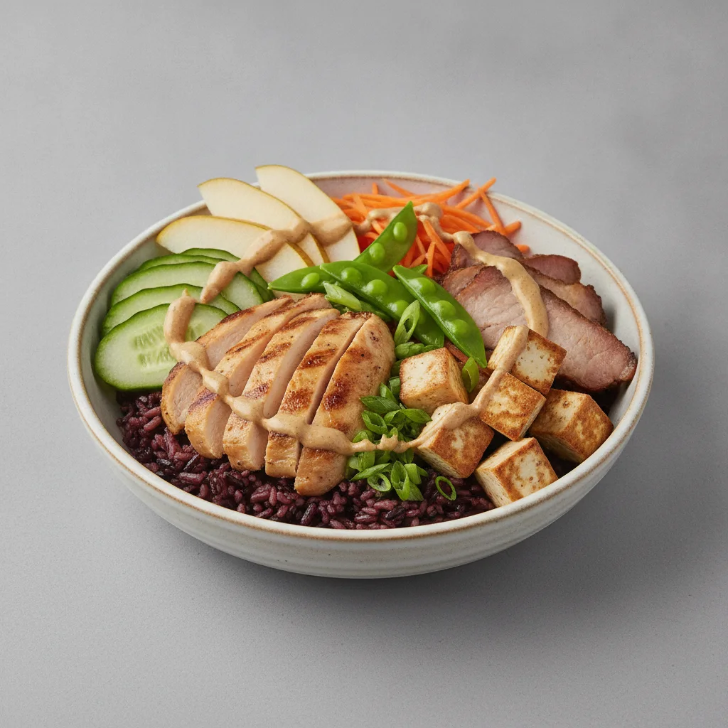 Nut-Free Protein Combo Purple Rice Bowl with "Peanut" Sauce (No Cashews) Nut-Free Protein Combo Purple Rice Bowl with "Peanut" Sauce (No Cashews)