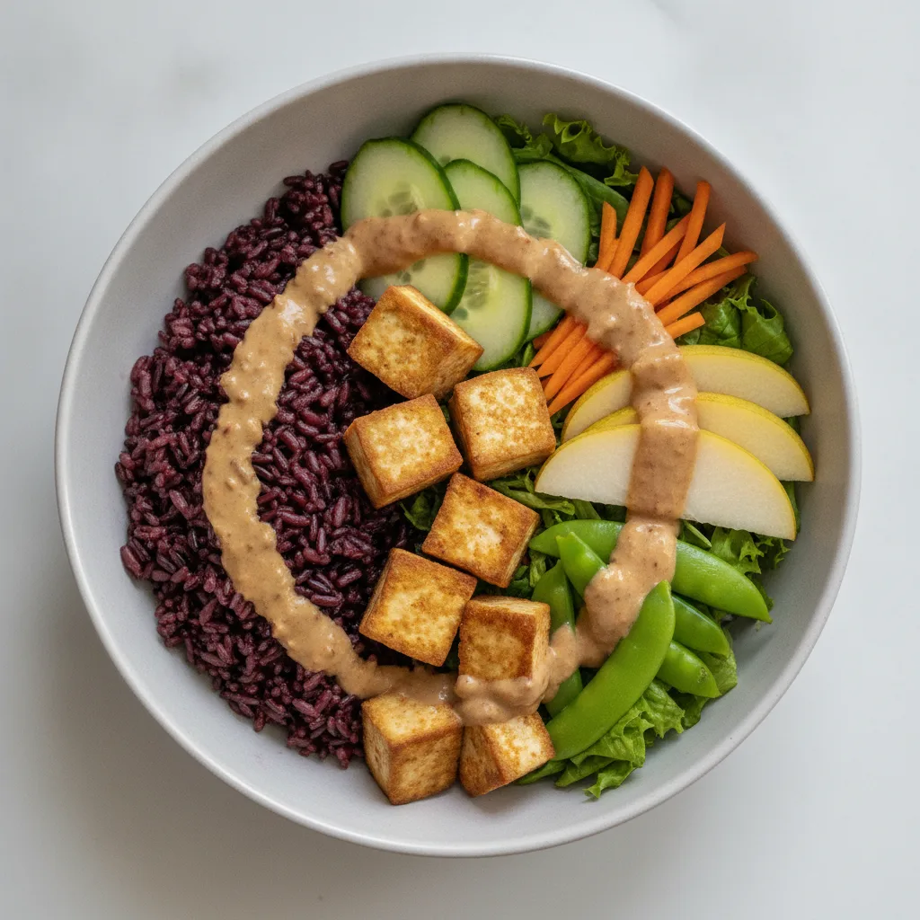 Nut-Free (V) Organic Tofu 50-50 Bowl with "Peanut" Sauce (No Cashews) Nut-Free (V) Organic Tofu 50-50 Bowl with "Peanut" Sauce (No Cashews)