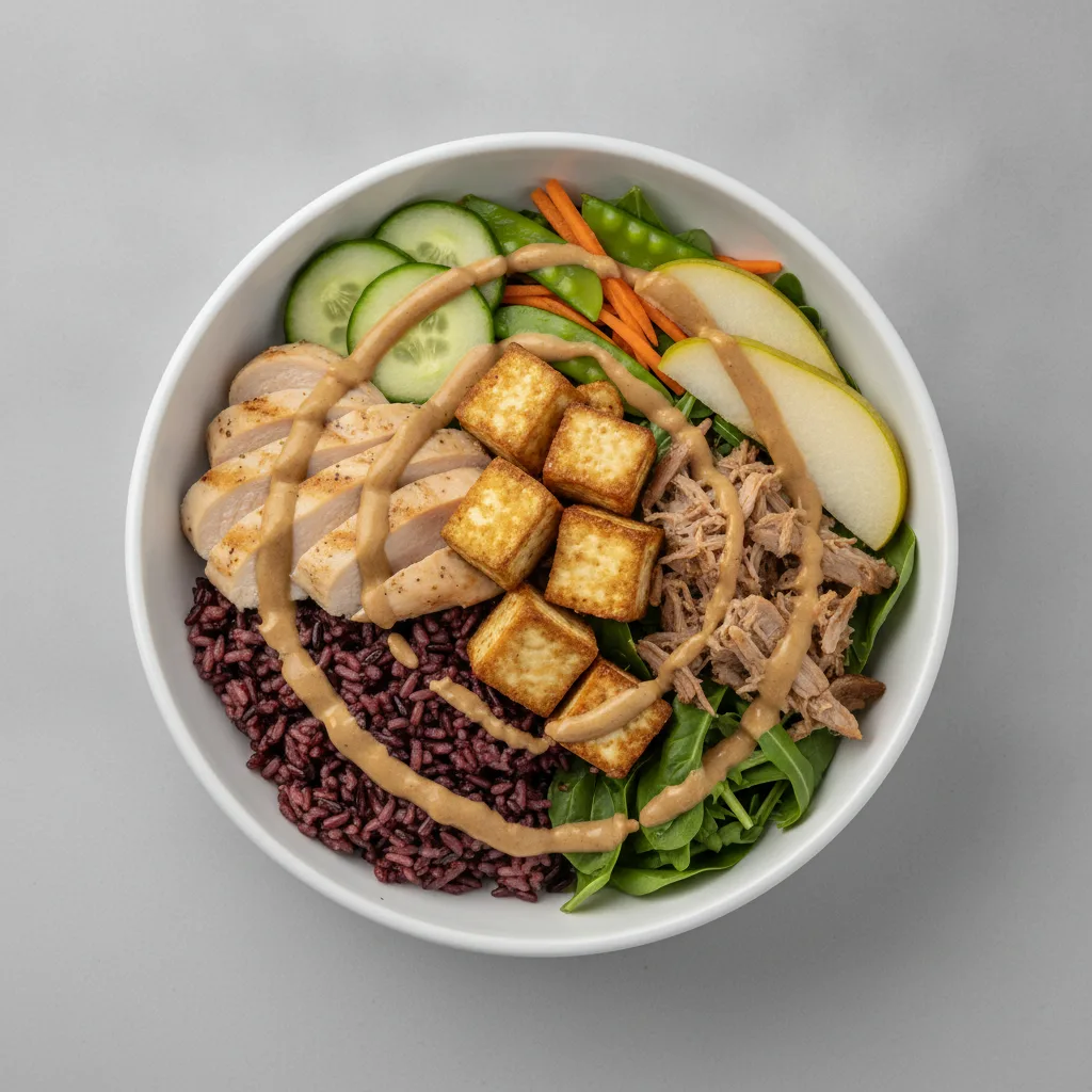 Nut-Free Protein Combo 50-50 Bowl with "Peanut" Sauce (No Cashews) Nut-Free Protein Combo 50-50 Bowl with "Peanut" Sauce (No Cashews)