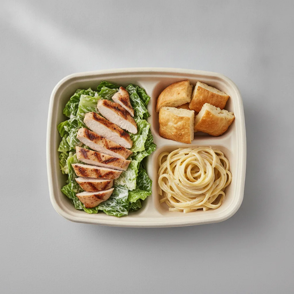 Little Lottis Bowl Box - Caesar Salad with Grilled Chicken, Classic Alfredo and House Baked Focaccia Little Lottis Bowl Box - Caesar Salad with Grilled Chicken, Classic Alfredo and House Baked Focaccia