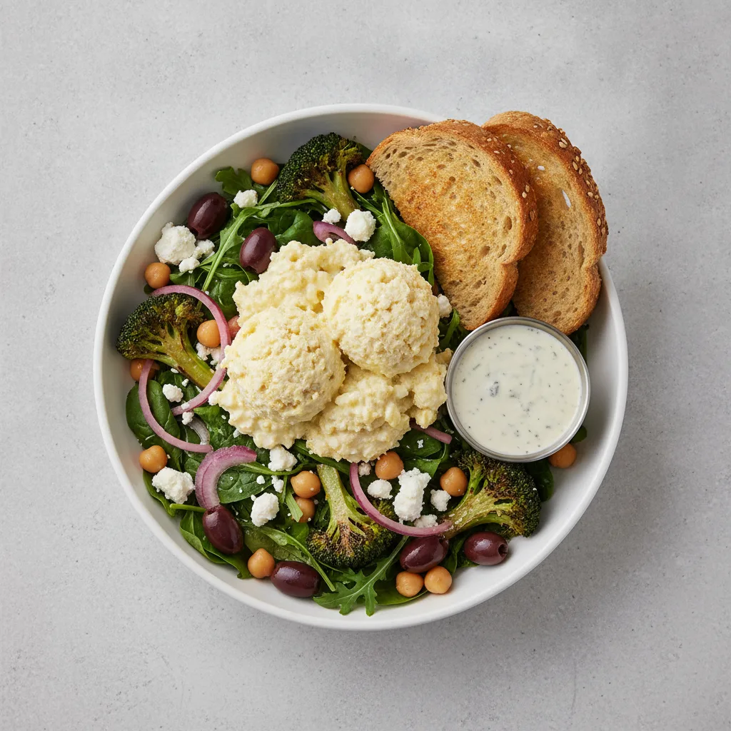Mama's Mediterranean, Japanese Style Egg Salad, Blue Cheese Dressing, GF Bread