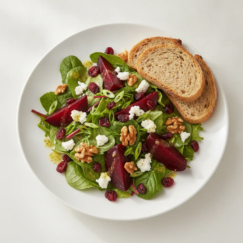Fresh Beet and Goat Cheese, Lemon Herb Vinaigrette, GF Bread