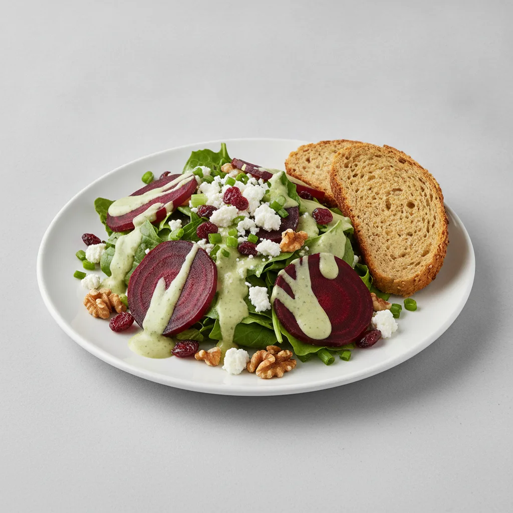 Fresh Beet and Goat Cheese, Green Goddess Dressing, GF Bread