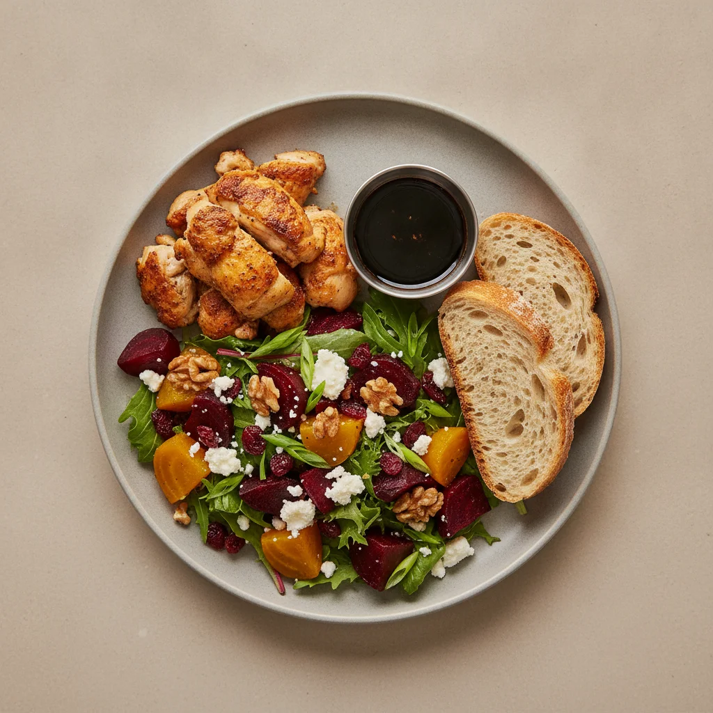 Fresh Beet and Goat Cheese, Roasted Chicken, Balsamic Vinaigrette, Sourdough