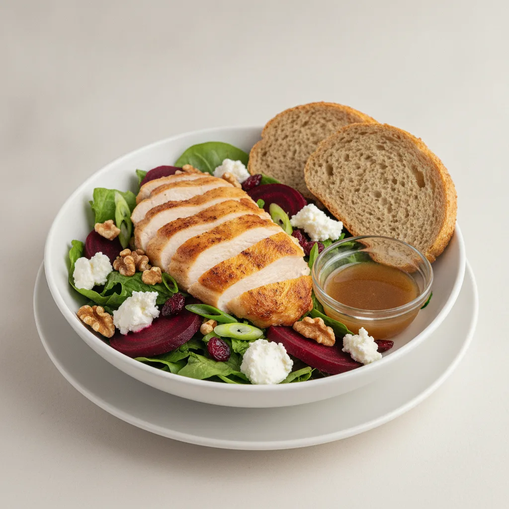 Fresh Beet and Goat Cheese, Roasted Chicken, Balsamic Vinaigrette, GF Bread