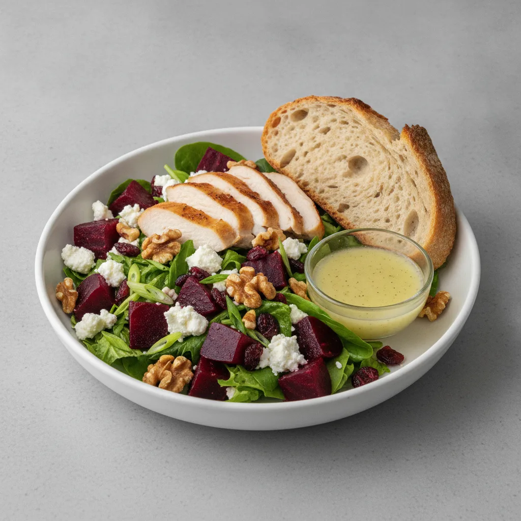 Fresh Beet and Goat Cheese, Roasted Chicken, Lemon Herb Vinaigrette, Sourdough