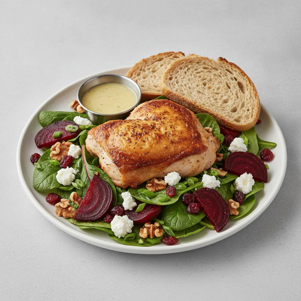 Fresh Beet and Goat Cheese, Roasted Chicken, Lemon Herb Vinaigrette, GF Bread