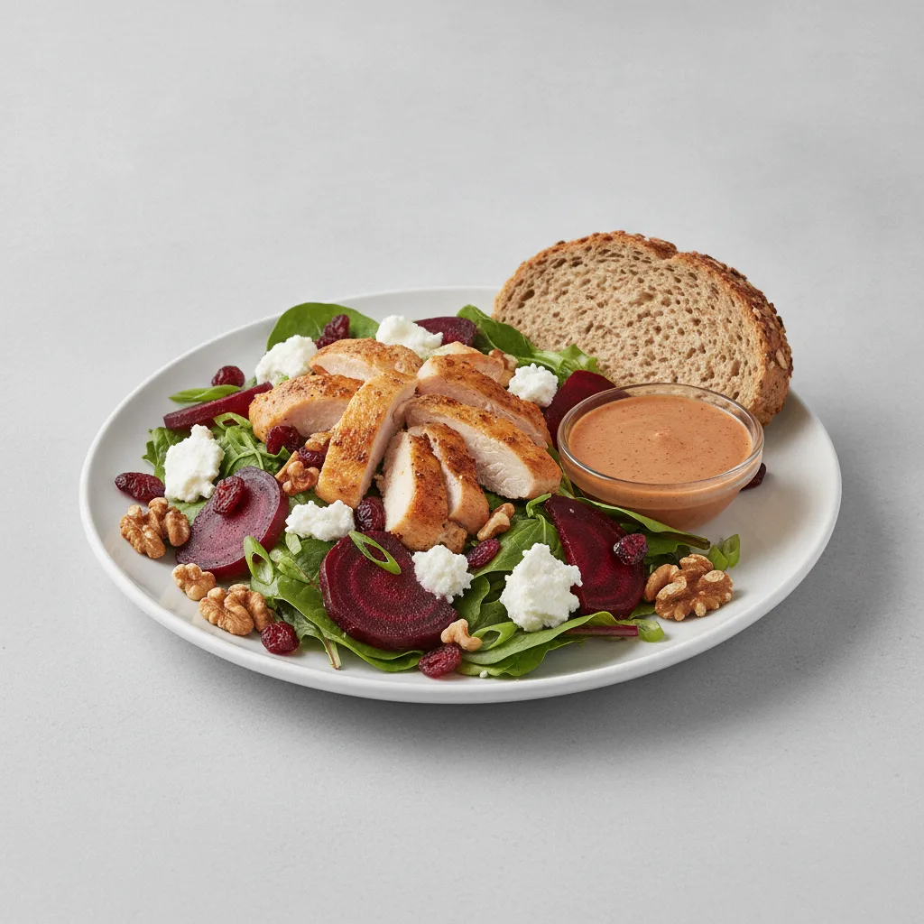 Fresh Beet and Goat Cheese, Roasted Chicken, Chipotle Ranch, GF Bread