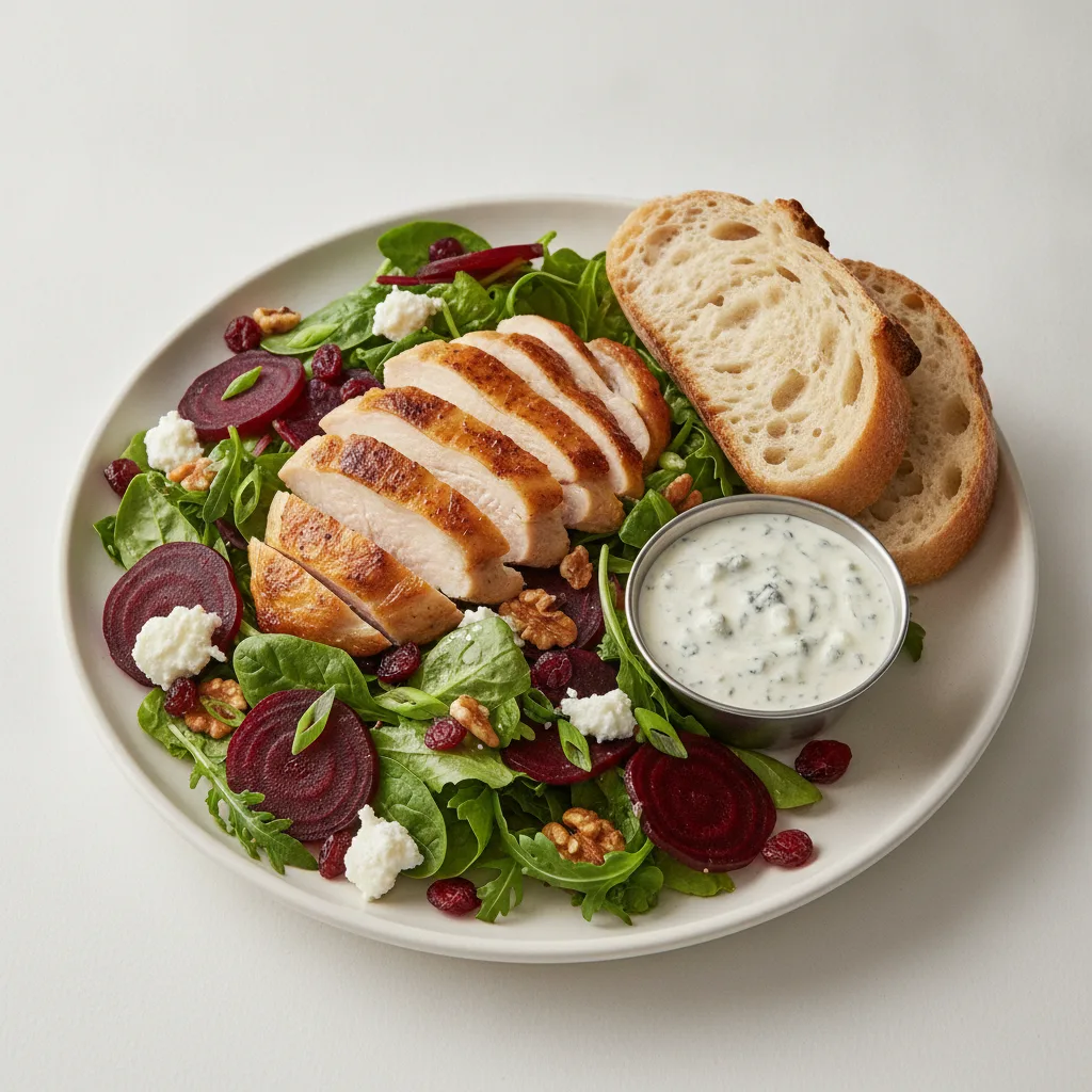 Fresh Beet and Goat Cheese, Roasted Chicken, Blue Cheese Dressing, Sourdough