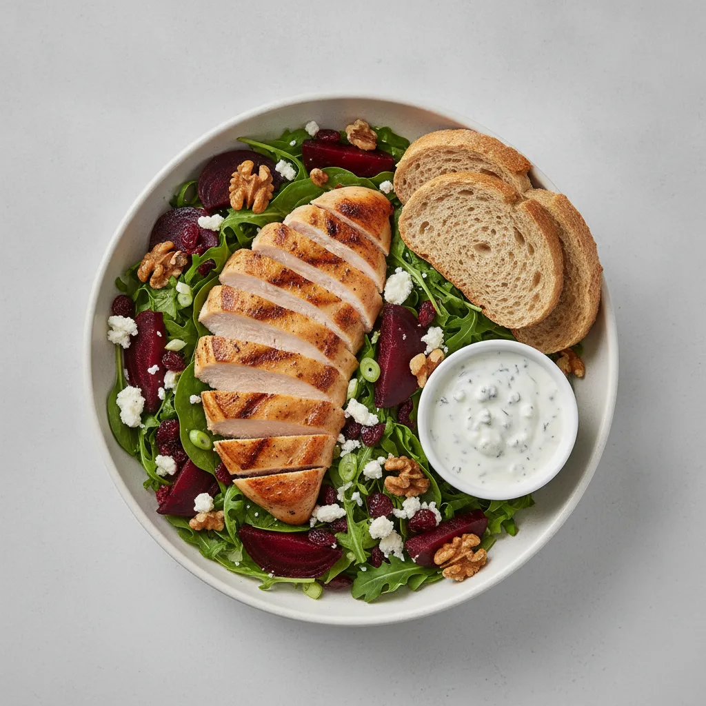 Fresh Beet and Goat Cheese, Roasted Chicken, Blue Cheese Dressing, GF Bread