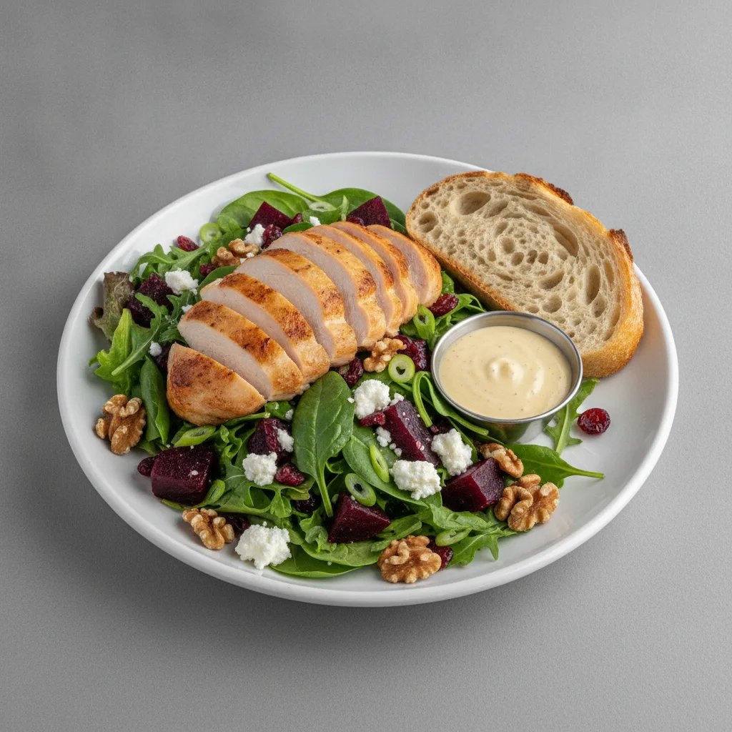 Fresh Beet and Goat Cheese, Roasted Chicken, Caesar Dressing, Sourdough