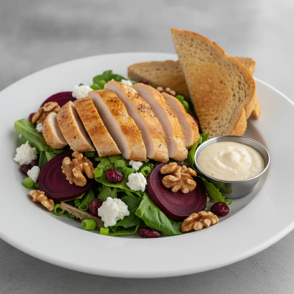 Fresh Beet and Goat Cheese, Roasted Chicken, Caesar Dressing, GF Bread
